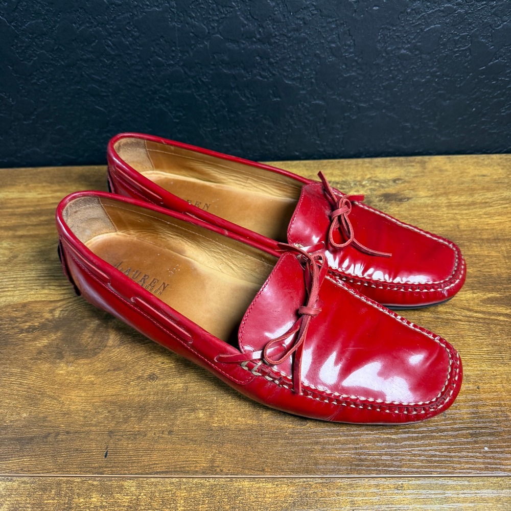 Lauren Ralph Lauren Red Patent Leather Driving Loafers Bow Moccasins Womens 10B